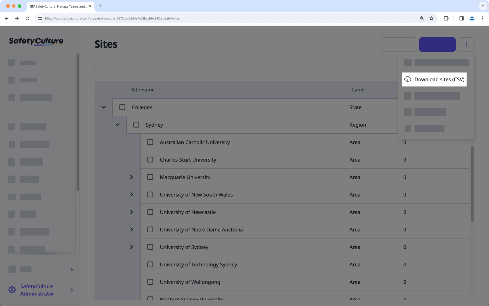 Download site list as CSV via the web app.