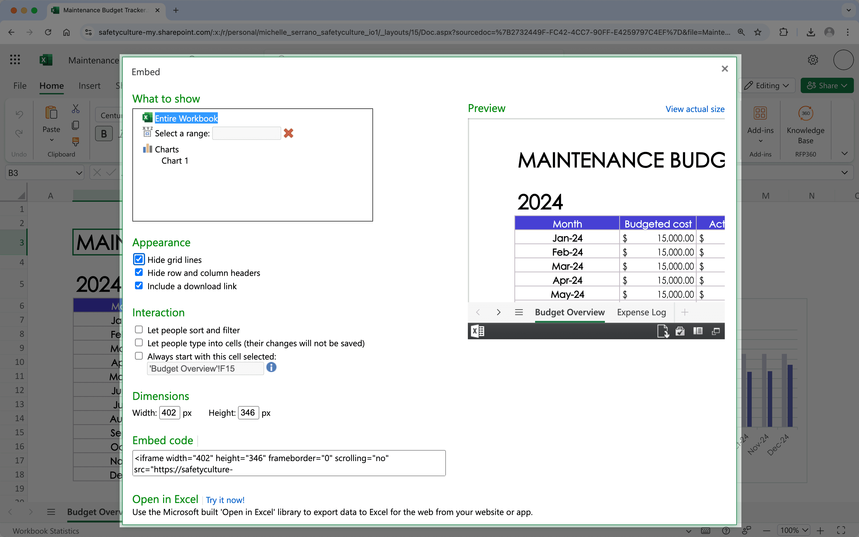Customize how you want your embedded Microsoft Excel to appear.