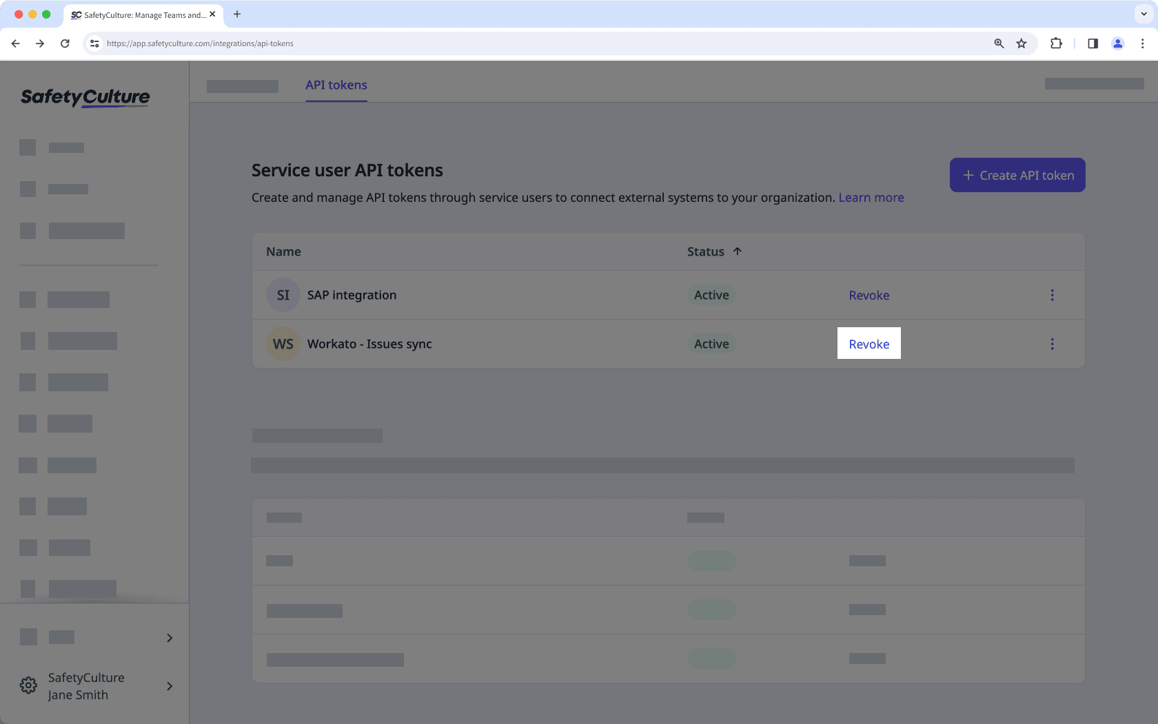 Revoke a service user API token via the web app.