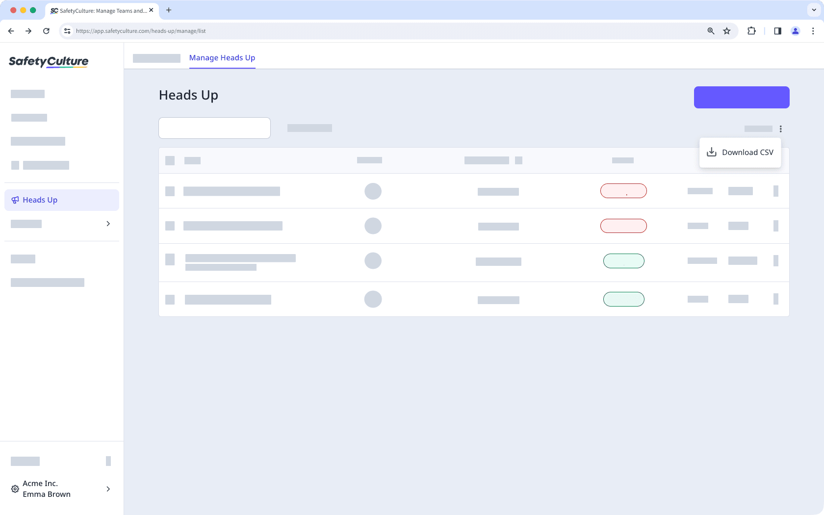 Download Heads Up list to CSV via the web app.
