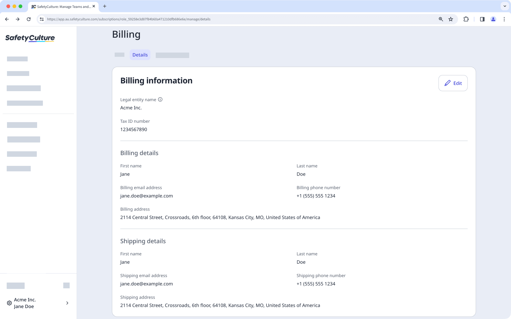 The Billing details page showing the "Billing information" section with the option to edit the details.
