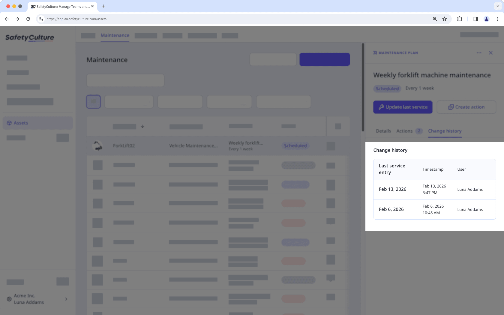 View maintenance plan change history via the asset's side panel on the maintenance tab.