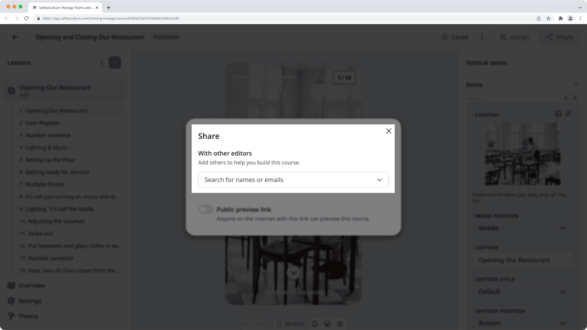 Share a course with others for editing via the web app.