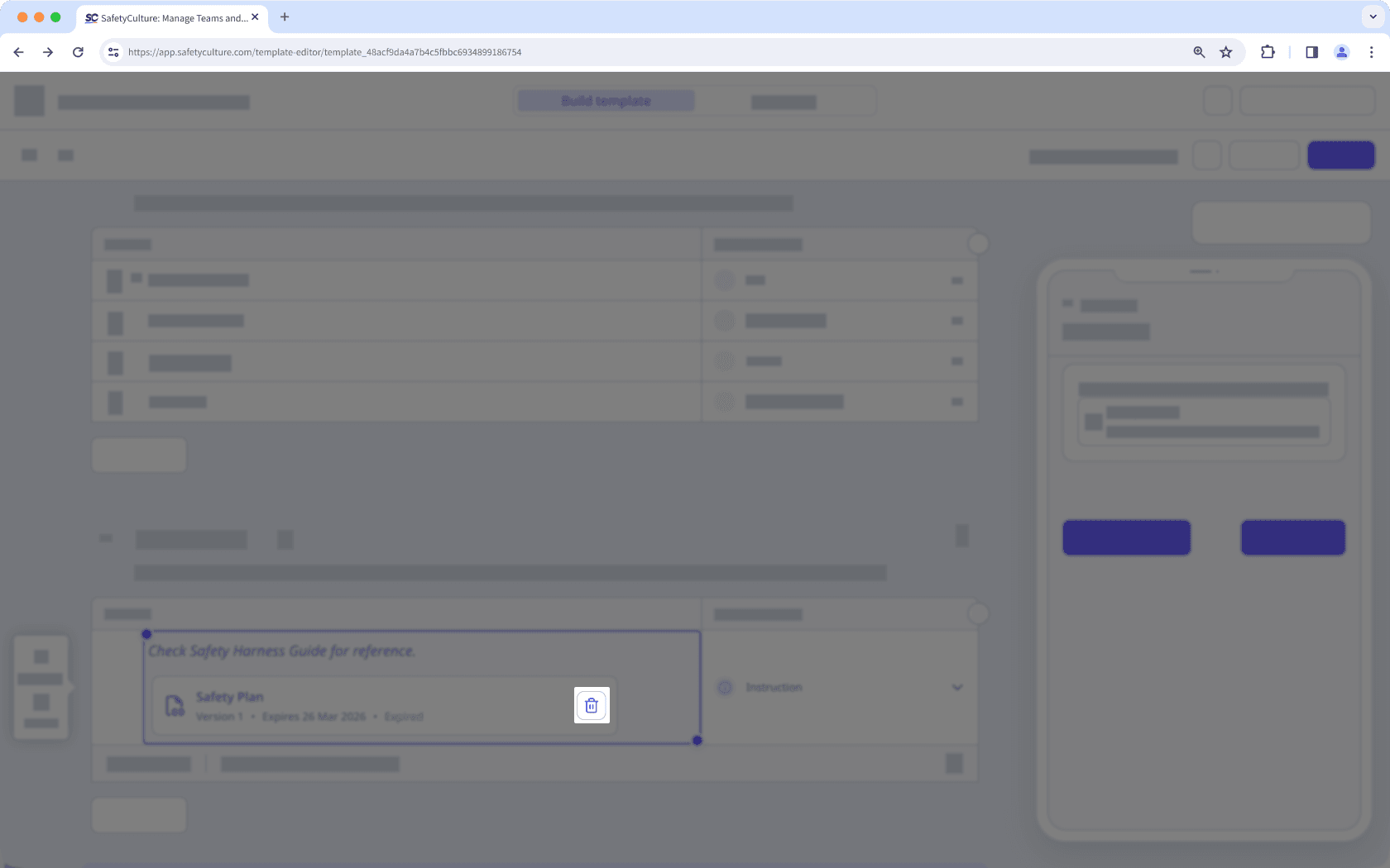 The edit template page showing the button to remove a file from an instruction.