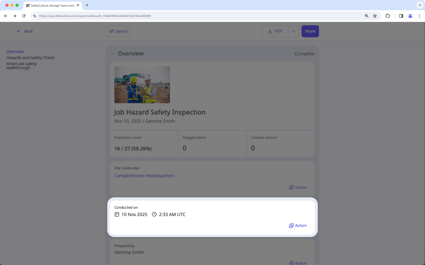 Screenshot of timestamp in a completed inspection via the web app.